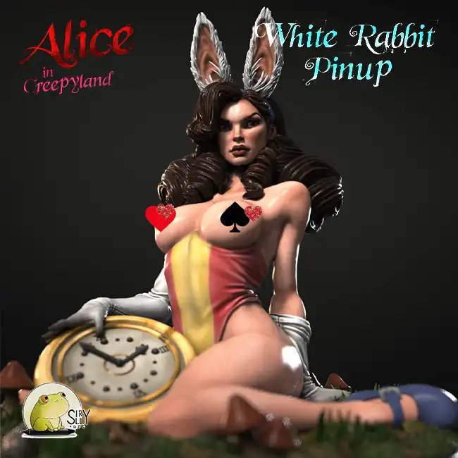 White Rabbit (pinup, topless) NSFW (Alice in Creepyland 3D print, resin) - Afbeelding 6
