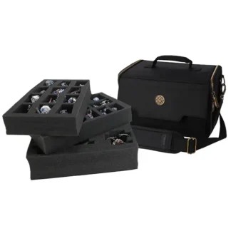 Wide Base Miniature Figure Satchel - Case for 25 Minis + Custom Foam Tray (Black)