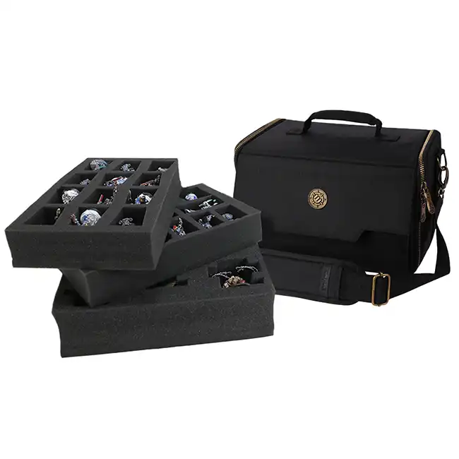 Wide Base Miniature Figure Satchel - Case for 25 Minis + Custom Foam Tray (Black)